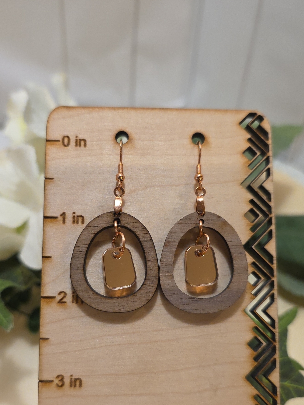Wood and Rose Gold Dangle Earrings - Rose Gold Accents
